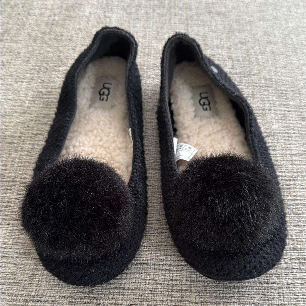 UGG Black Knit Slippers with Pom Pom